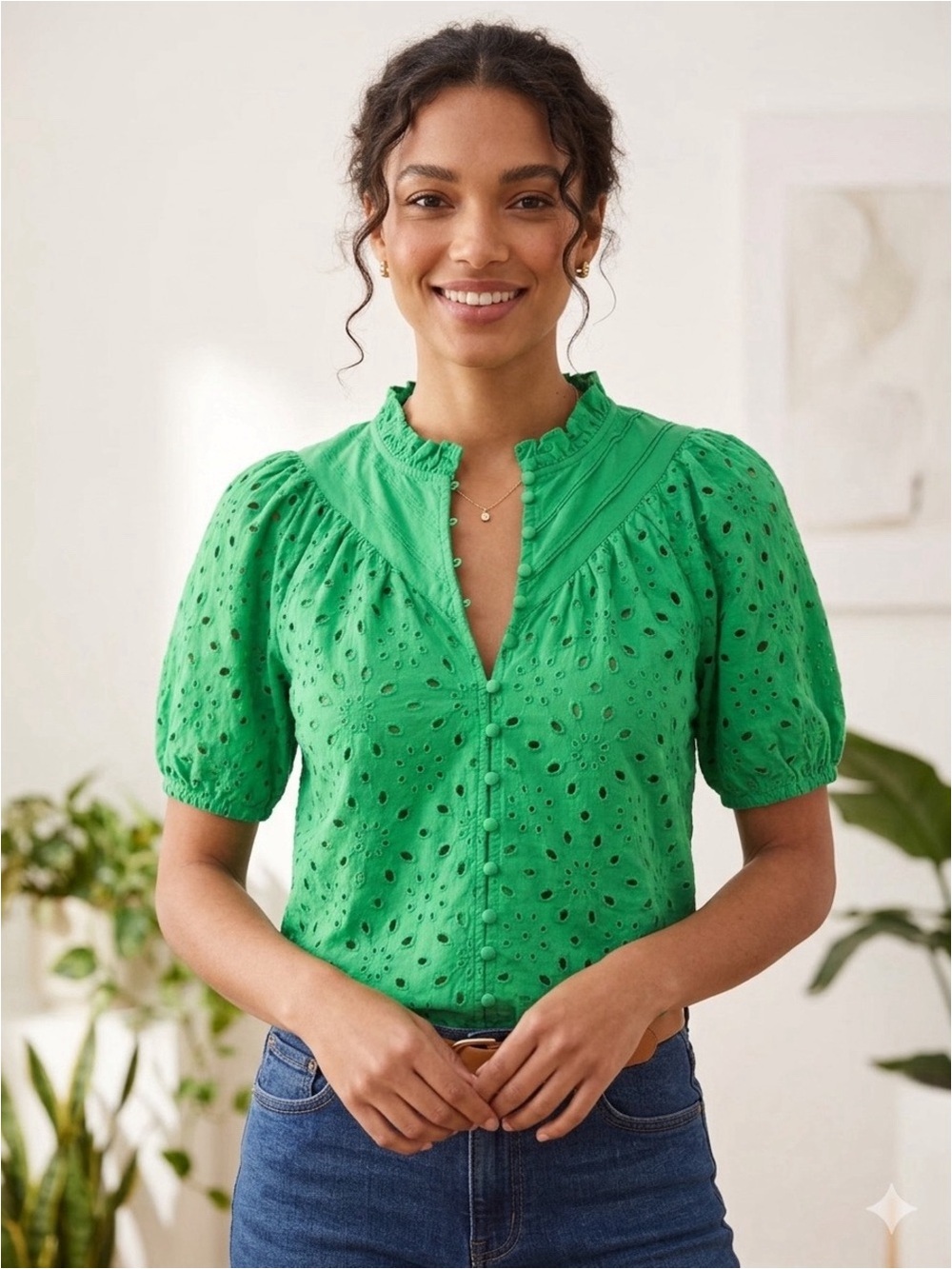 Pretty Garden Women's Size Large Green Puff Sleeve Eyelet Lace Blouse Summer